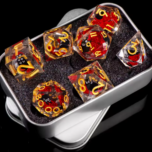 Set de dés JDR noyau liquide Rouge Sang & Chat Démoniaque