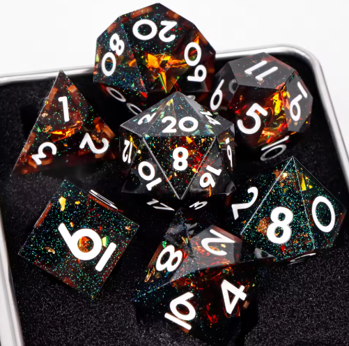 Set de dés JDR résine Noir Paillettes Galaxy & Flammes Rouge-Orange