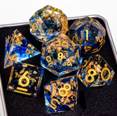 Set de dés JDR résine Feuille d’Or & Nuages Bleu Saphir