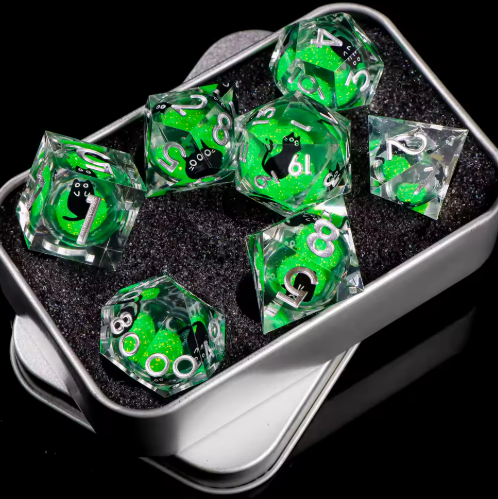 Set de dés JDR noyau liquide Vert Néon & Chats Noirs