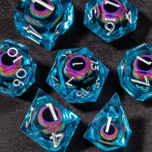 Set de dés JDR noyau liquide Bleue Cristal & Iris Arc-en-Ciel Holo