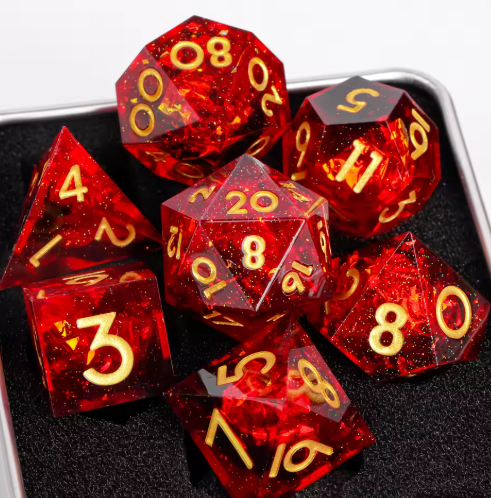 Set de dés JDR résine Paillettes Rouge Sang & Chiffres Or