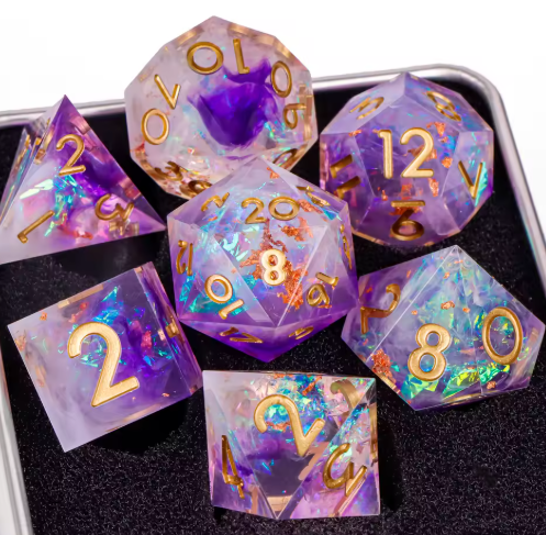 Set de dés JDR résine Paillettes Opale & Feuille d’Or