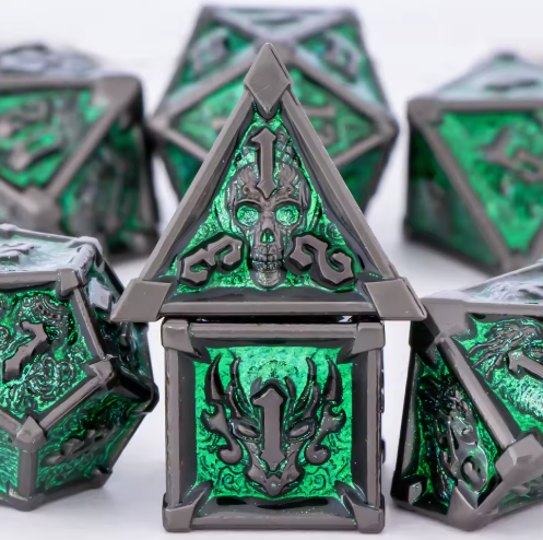 Set de dés JDR Métal Flamme Émeraude & Crânes Brûlants