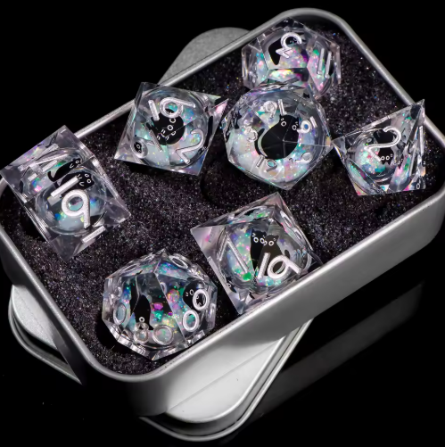 Set de dés JDR noyau liquide Résine Cristal Arc-en-Ciel & Chats Noirs Suspendus