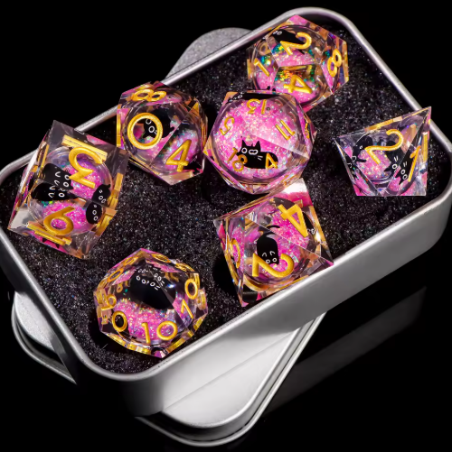 Set de dés JDR noyau liquide Résine Rose Pailletée Holo & Chats Noirs