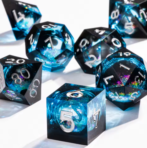 Set de dés JDR noyau liquide Galaxy Paillettes Abyssal & Chiffres Argent Brillant