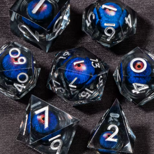 Set de dés JDR noyau liquide Bleu Profond & Iris Rouge Sang