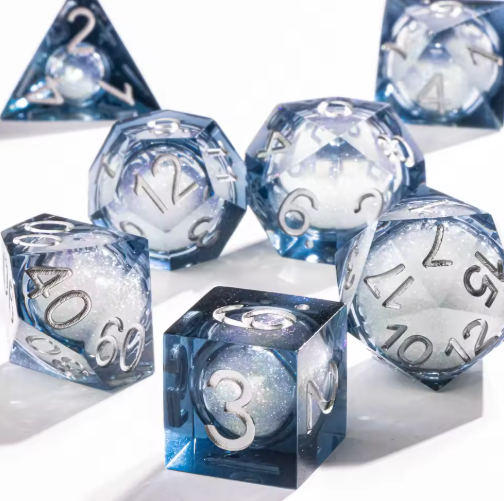 Set de dés JDR noyau liquide Blanc Neige & Bleu Glacier Scintillant