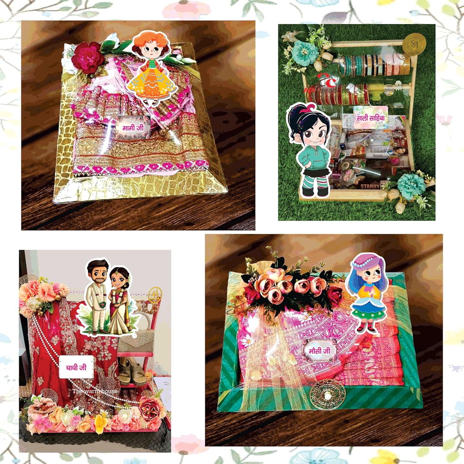 Wedding Gift & Family Stickers Set – 96 Relative Name Labels with Animated Cut-Outs | Decorative Shagun Stickers for Saree Packing, Gift Hampers & Wedding Tray Decoration