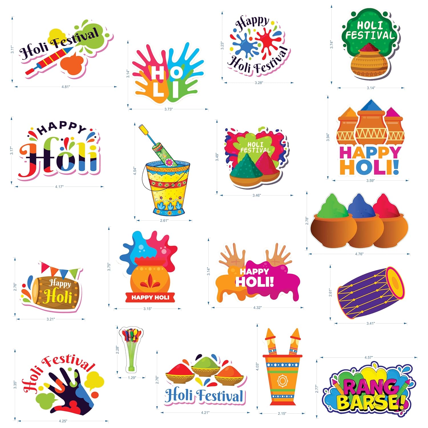 Colorful Holi Festival Paper Cut-Out Decorations, Traditional Indian Theme Party Props with Handprints, Drums, Pots Design, Gift Packing Decoration 20 Pieces Set
