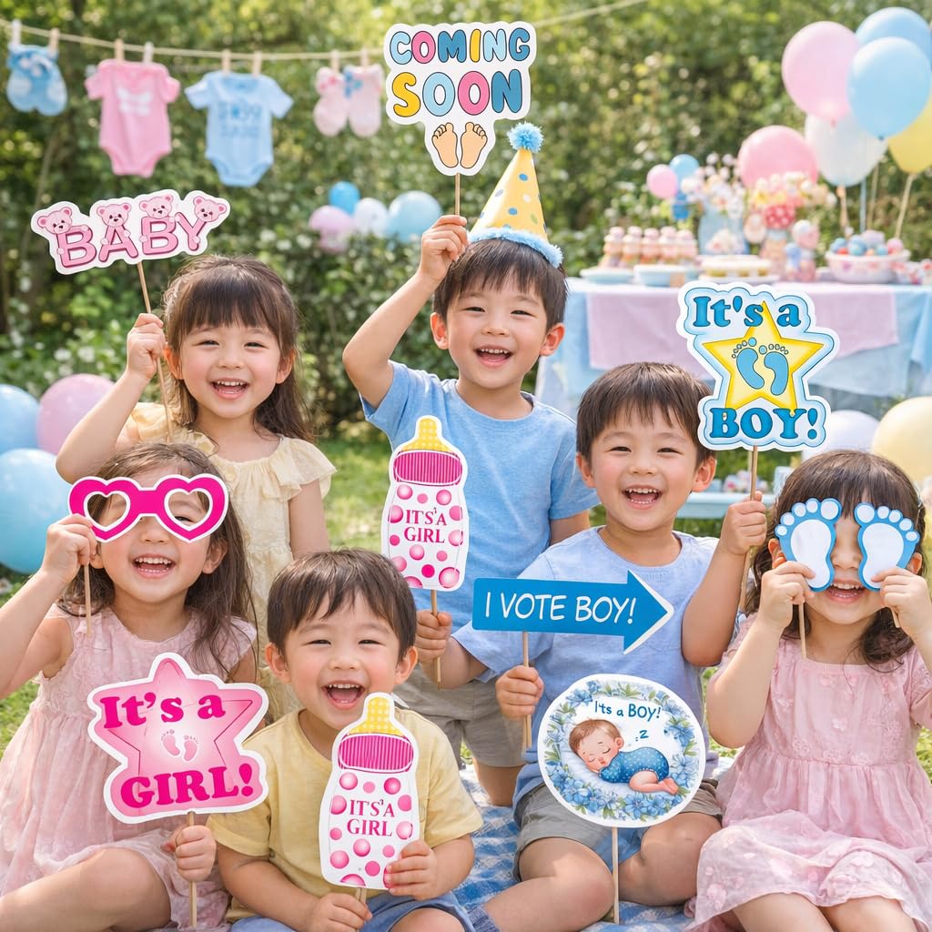  Creative Props Baby Shower Photo Props Set, Pink and Blue Boy & Girl Combo Theme, 23 Pieces with Sticks, Heart Frames and Baby Icons, 3.7 Inch x 4 Inch