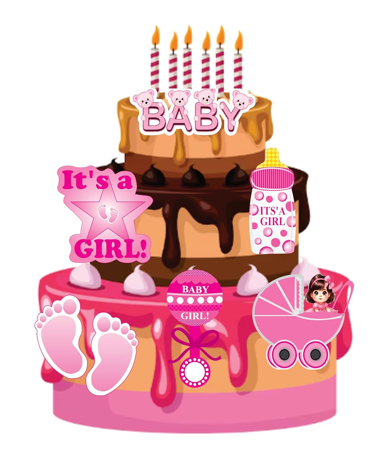 Baby Girl Welcome Decoration Props, Decorative Paper Cutouts Featuring Baby Girl Themed Designs Including Stars, Butterflies, Footprints in Pink Colour 14 pcs