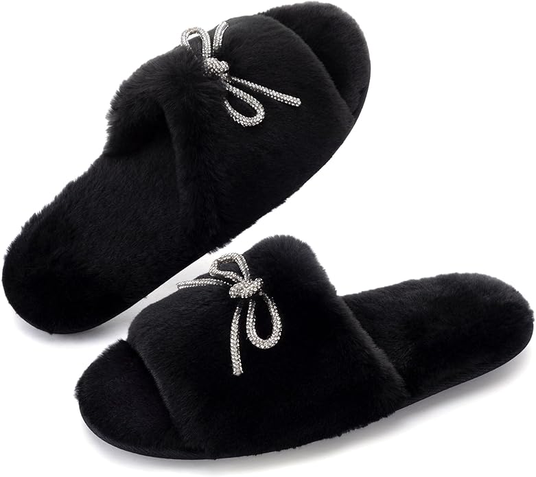 ULTRAIDEAS Women's Fuzzy Rhinestone Bowknot Open-Toe Slippers, Bride and Bridesmaid Slides for Wedding and Bachelorette Party