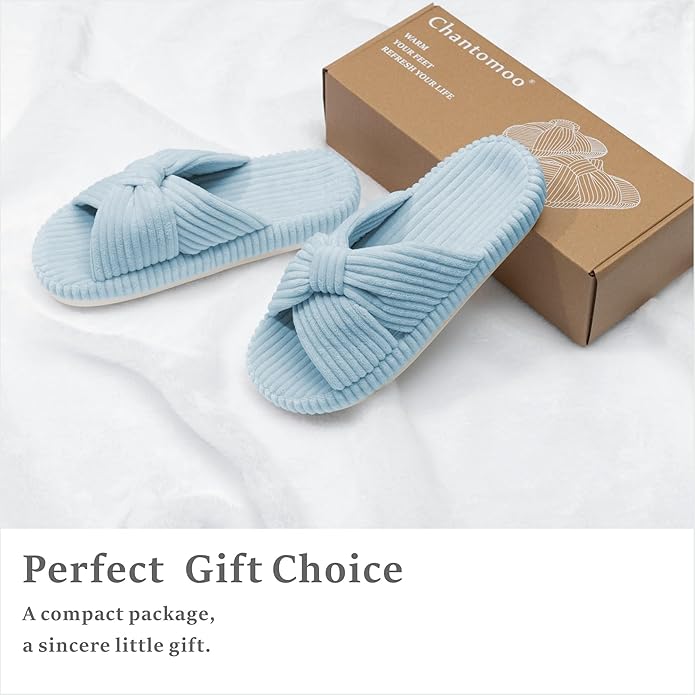 Chantomoo Slippers for Women Memory Foam House Bedroom Corduroy Bow Crossbands Slipper Shoes Comfy Trendy Gift Slippers