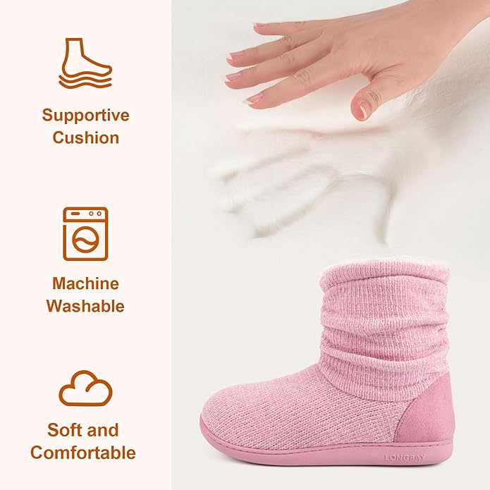 LongBay Women's Cozy Winter Slipper Boots Warm Chenille Knit Bootie Memory Foam Non-Slip Indoor Outdoor House Shoes