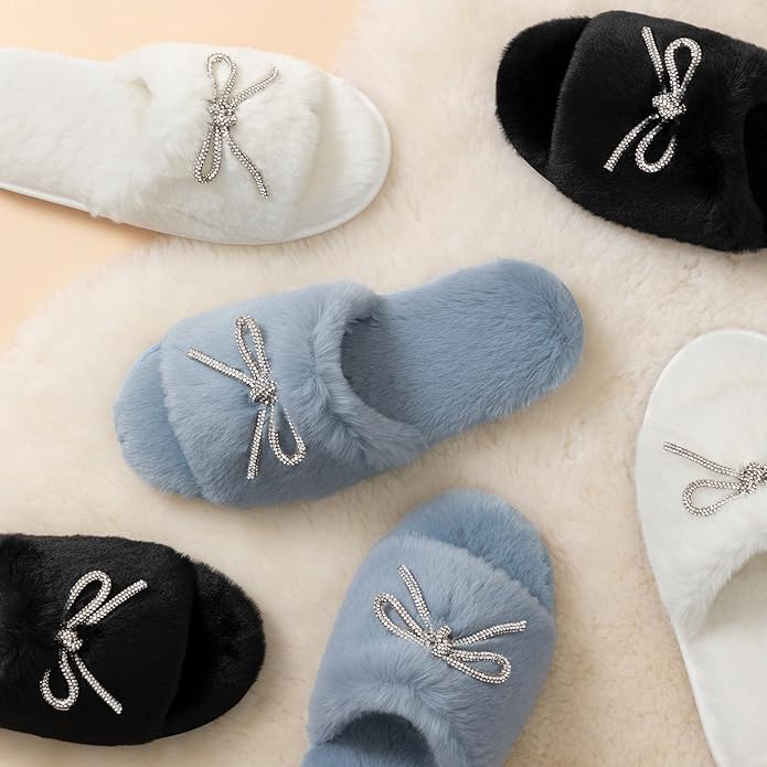 ULTRAIDEAS Women's Fuzzy Rhinestone Bowknot Open-Toe Slippers, Bride and Bridesmaid Slides for Wedding and Bachelorette Party