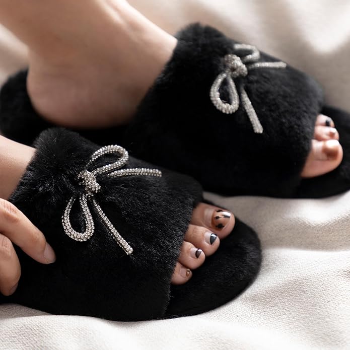 ULTRAIDEAS Women's Fuzzy Rhinestone Bowknot Open-Toe Slippers, Bride and Bridesmaid Slides for Wedding and Bachelorette Party