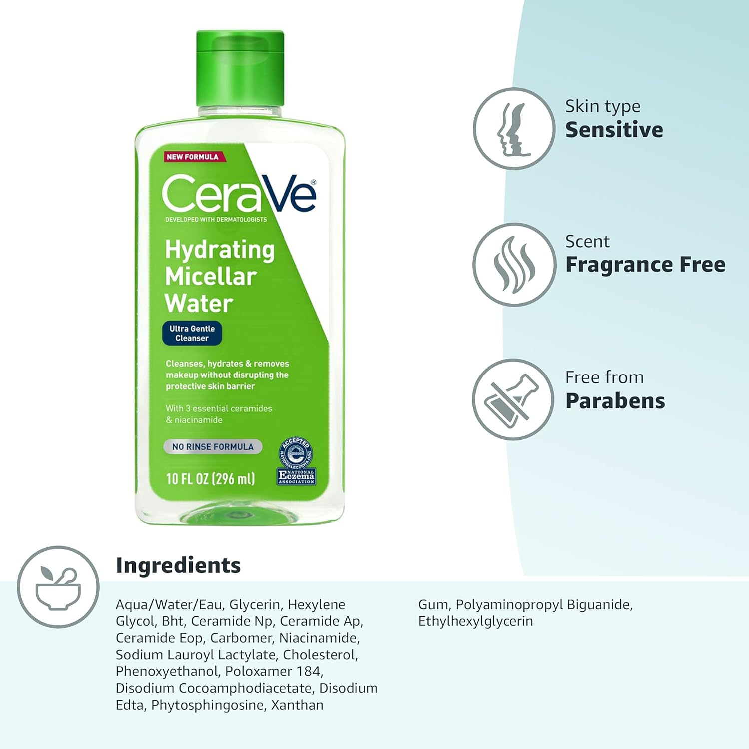 CeraVe Micellar Water – Hydrating Makeup Remover for Face & Eyes (10 oz)