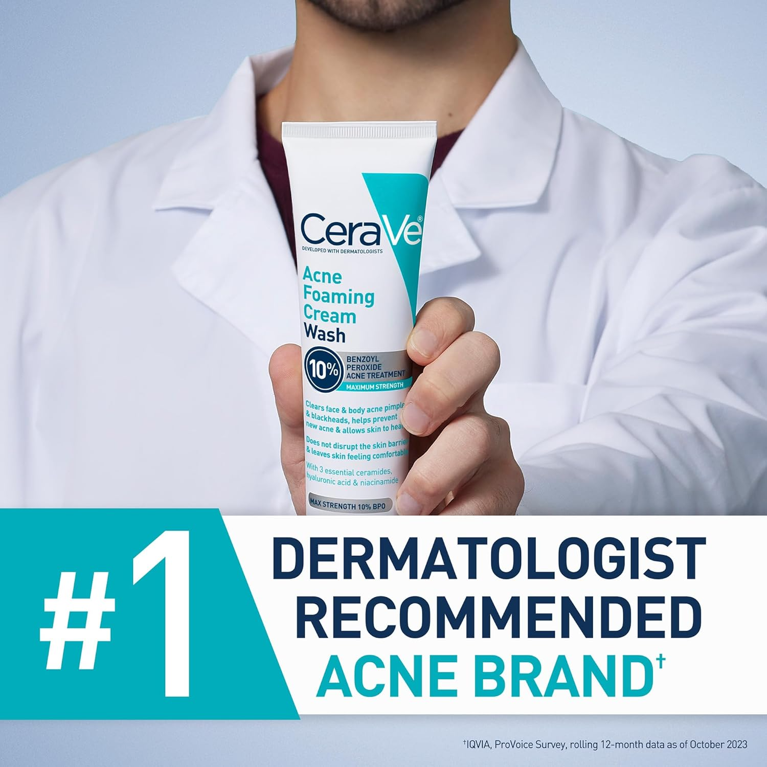 CeraVe 10% Benzoyl Peroxide Wash – Face & Body Acne Treatment (5 oz)