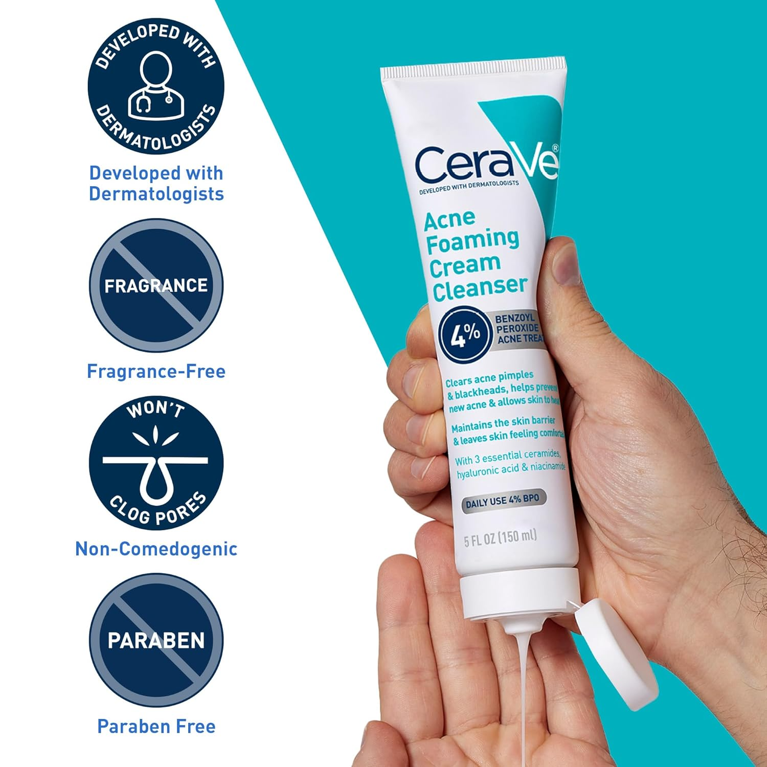 CeraVe 4% Benzoyl Peroxide Acne Cleanser – Gentle Daily Face Wash