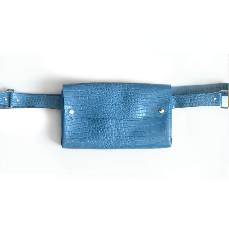 Sac banane en cuir bleu effet croco