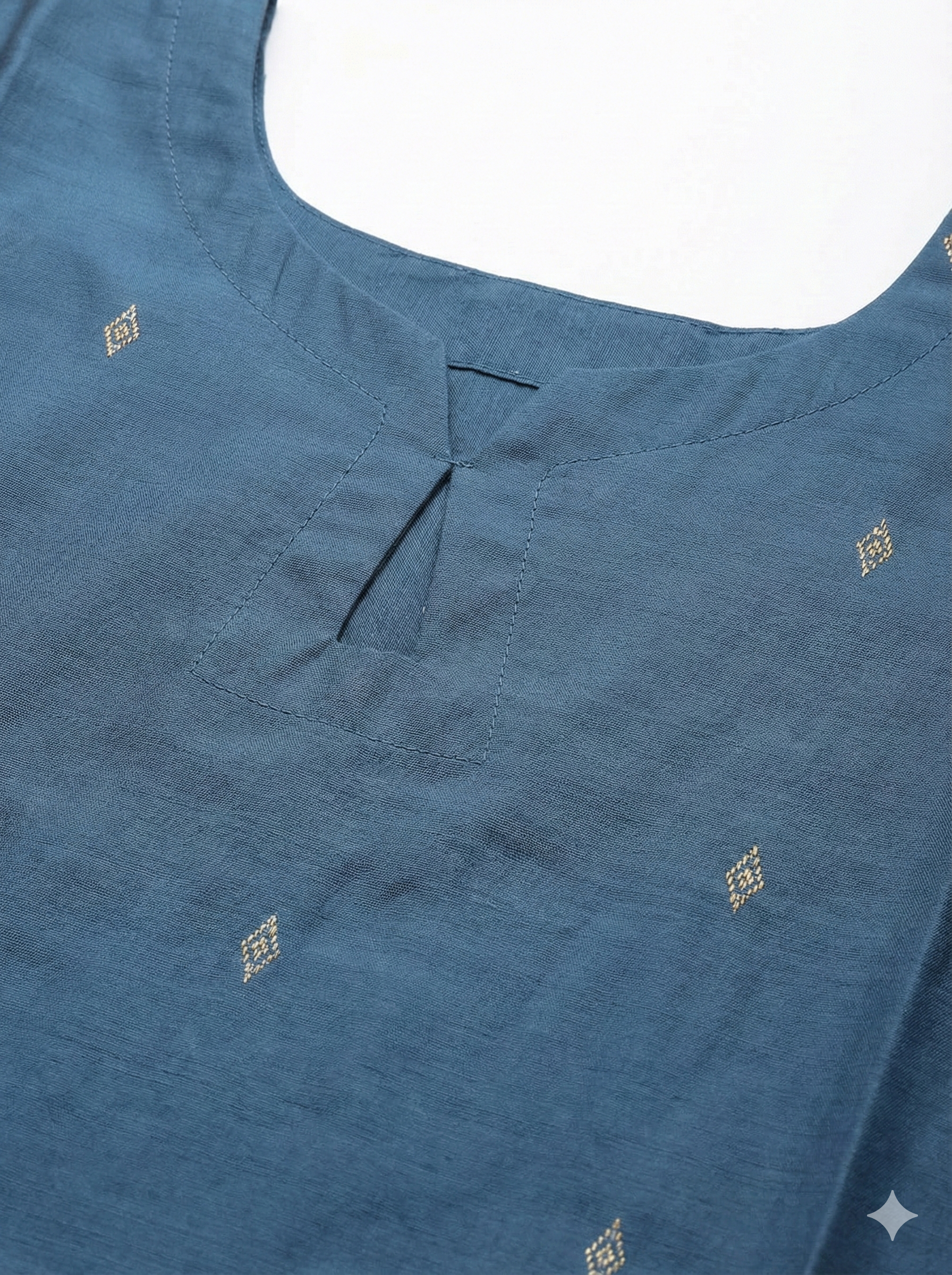 Midnight Navy Art Silk Straight Kurti with Puff Sleeves & Geometric Zari Butta