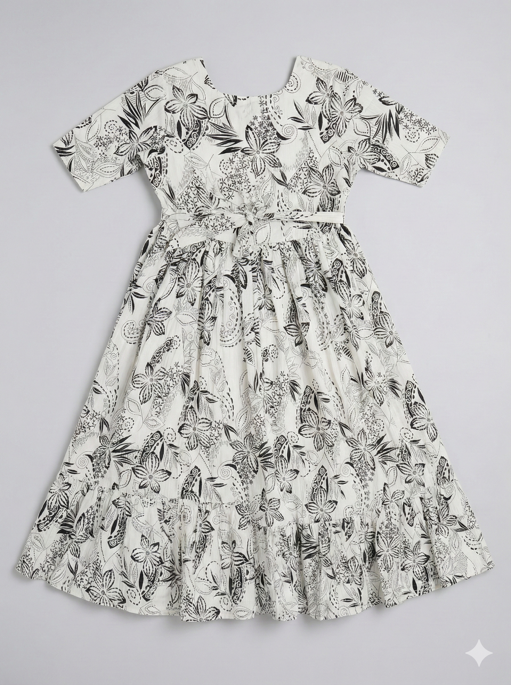 Monochrome Floral & Leaf Print Tiered Maxi Dress