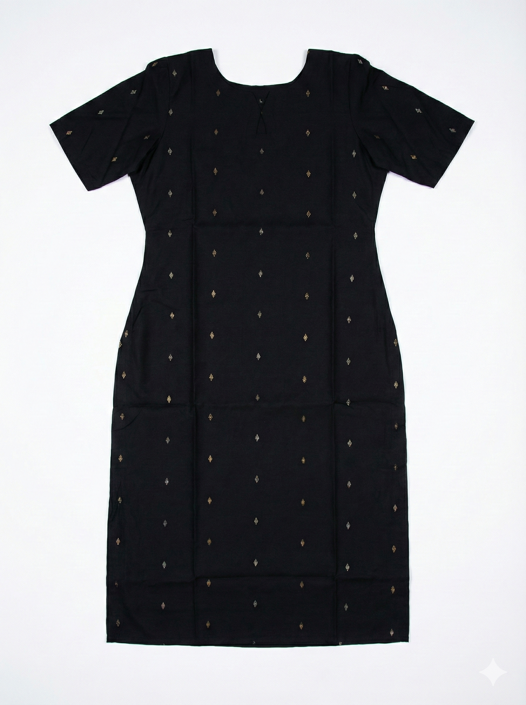 Women’s Jet Black Geometric Gold Foil Print Straight Rayon Kurti