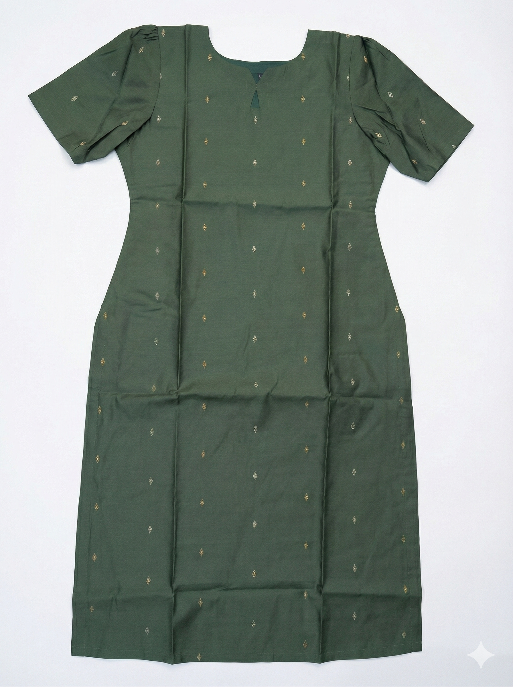 Women's Forest Green Gold-Geometric Print Straight Kurti with Puff Sleeves