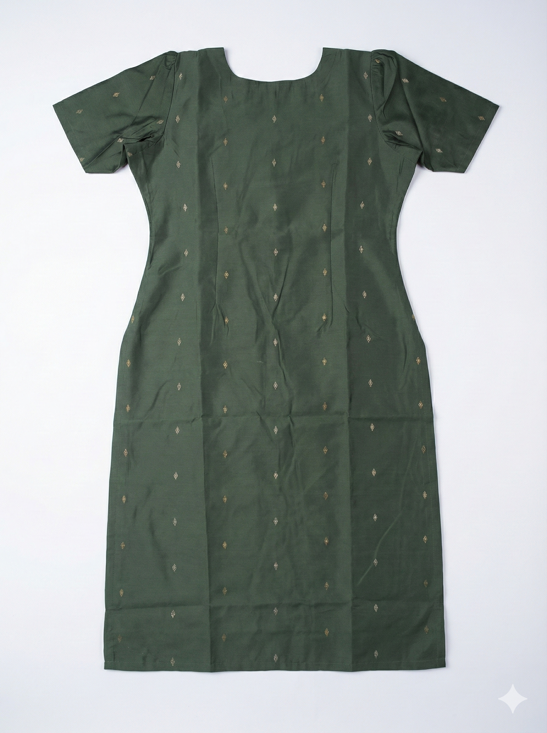 Women's Forest Green Gold-Geometric Print Straight Kurti with Puff Sleeves