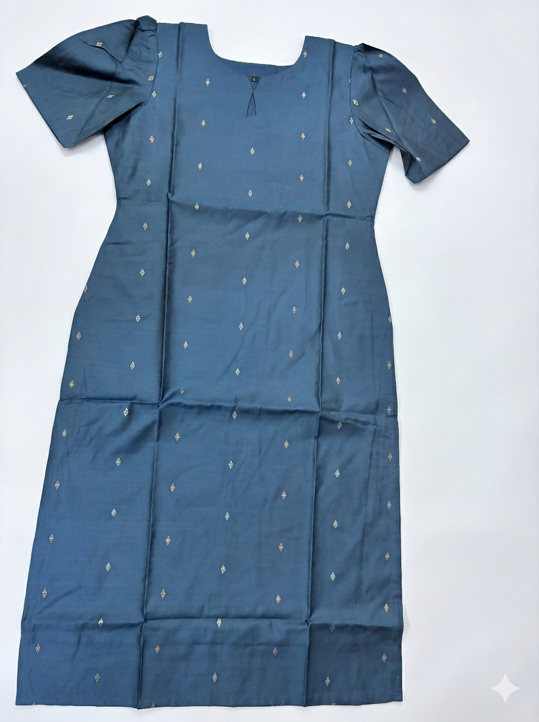 Midnight Navy Art Silk Straight Kurti with Puff Sleeves & Geometric Zari Butta
