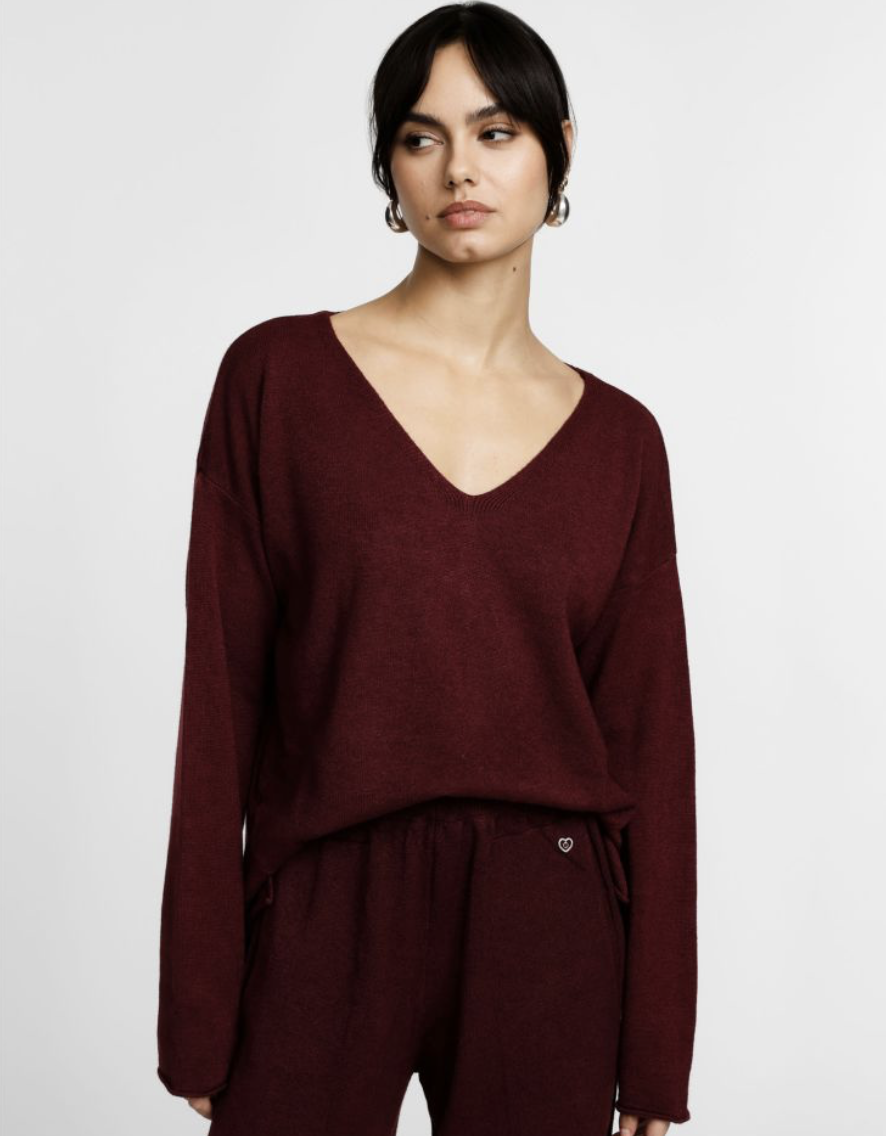 Pull col en V manches longues, Amarone - Please