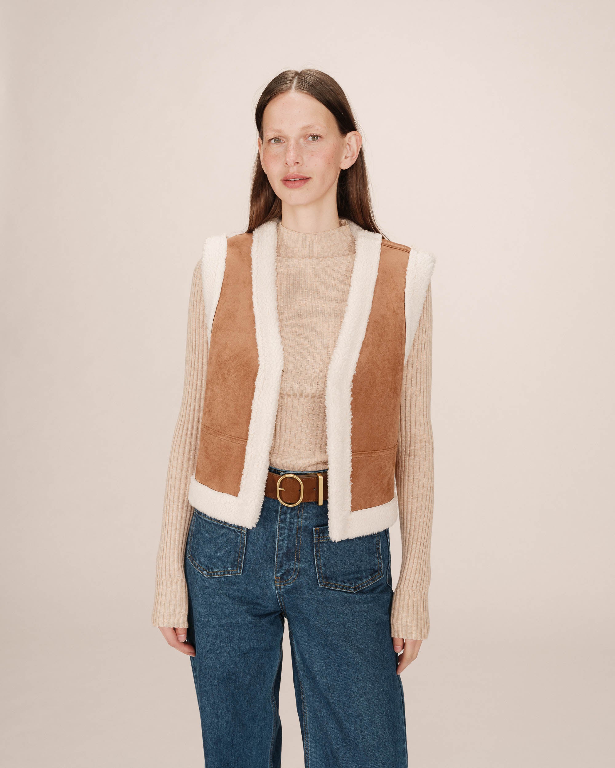 Veste en daim et shearling Sohen, Camel - Grace & Mila