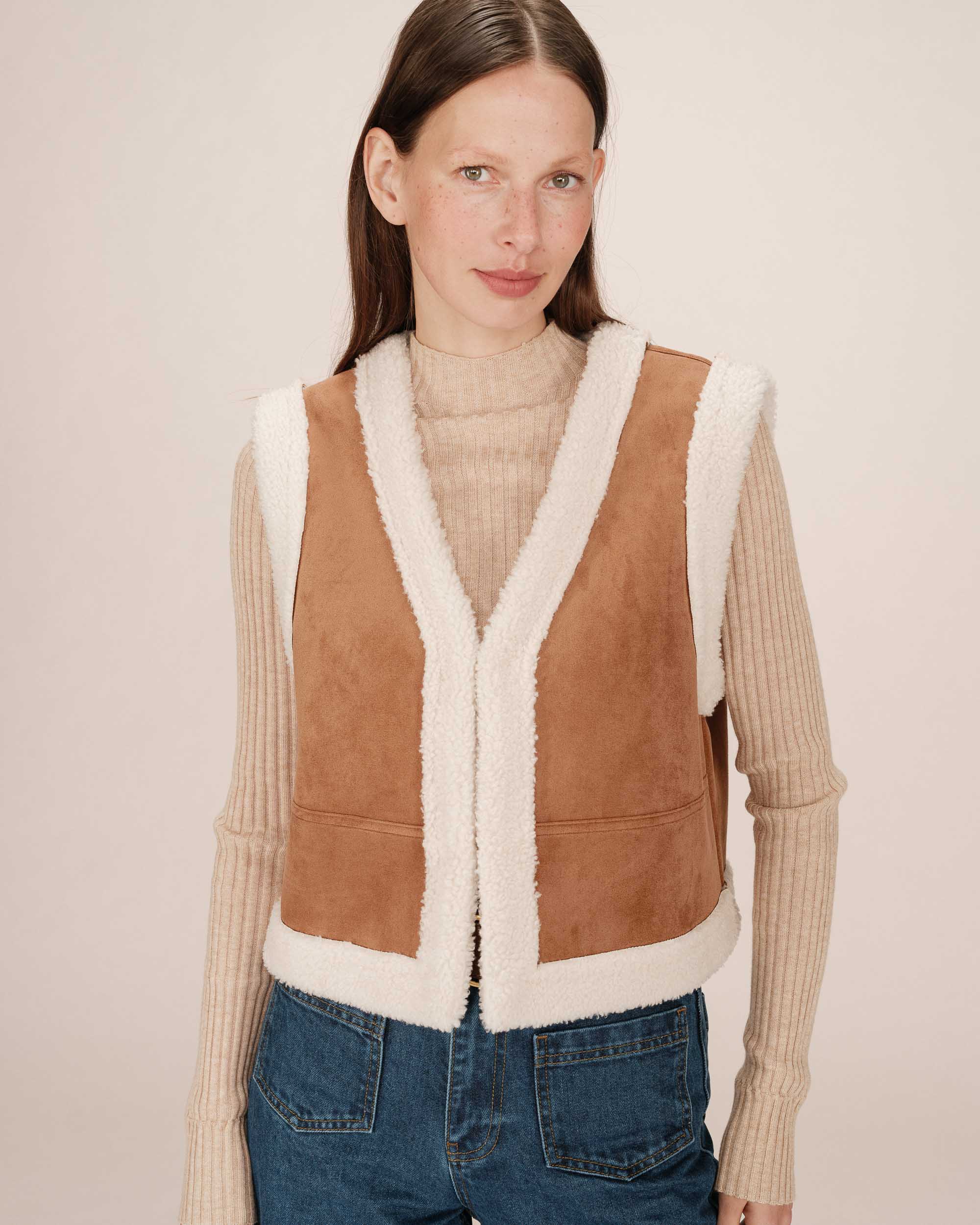 Veste en daim et shearling Sohen, Camel - Grace & Mila