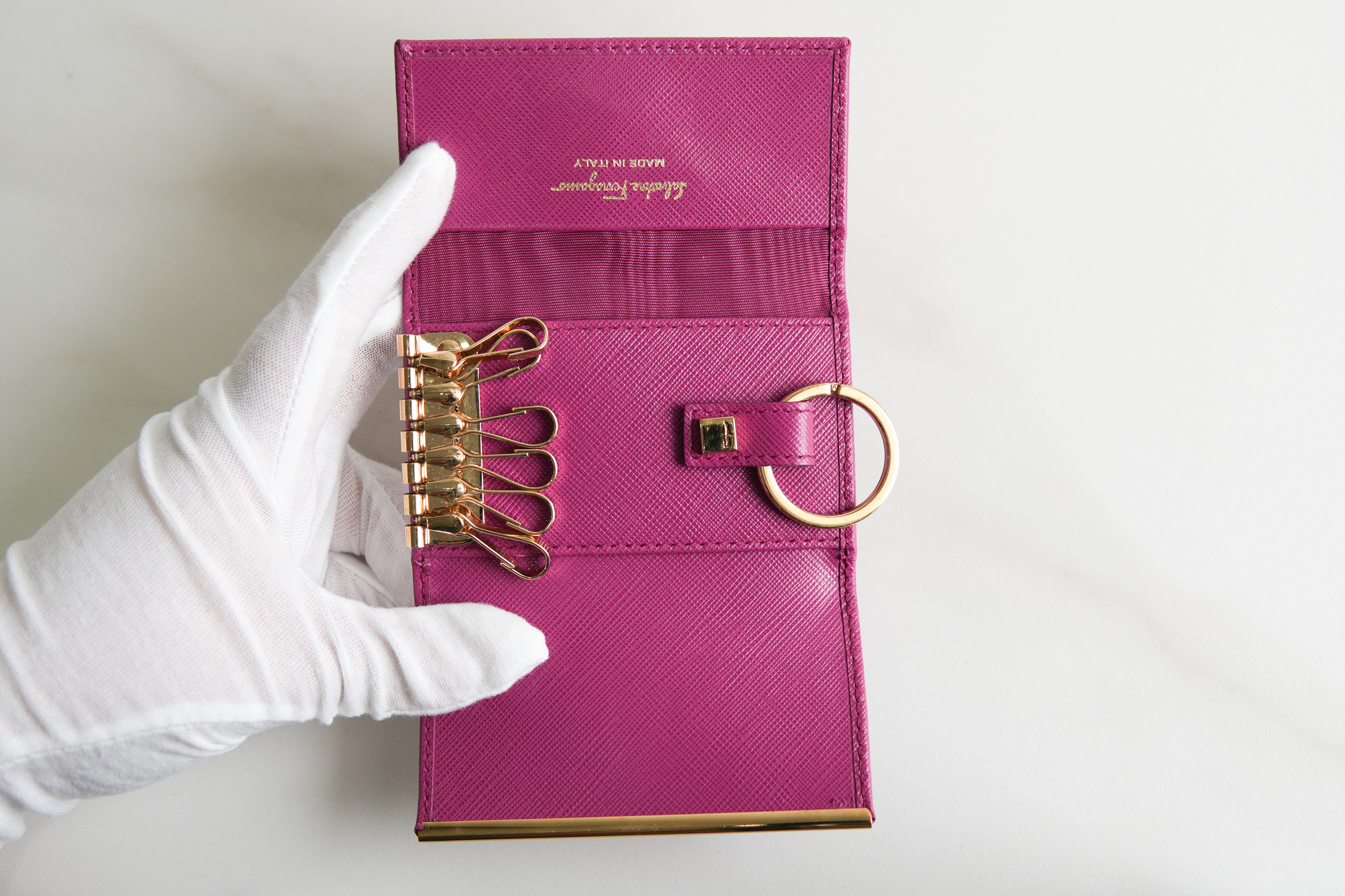 Authentic Salvatore Ferragamo Fushcia Gancini 6-Key Case