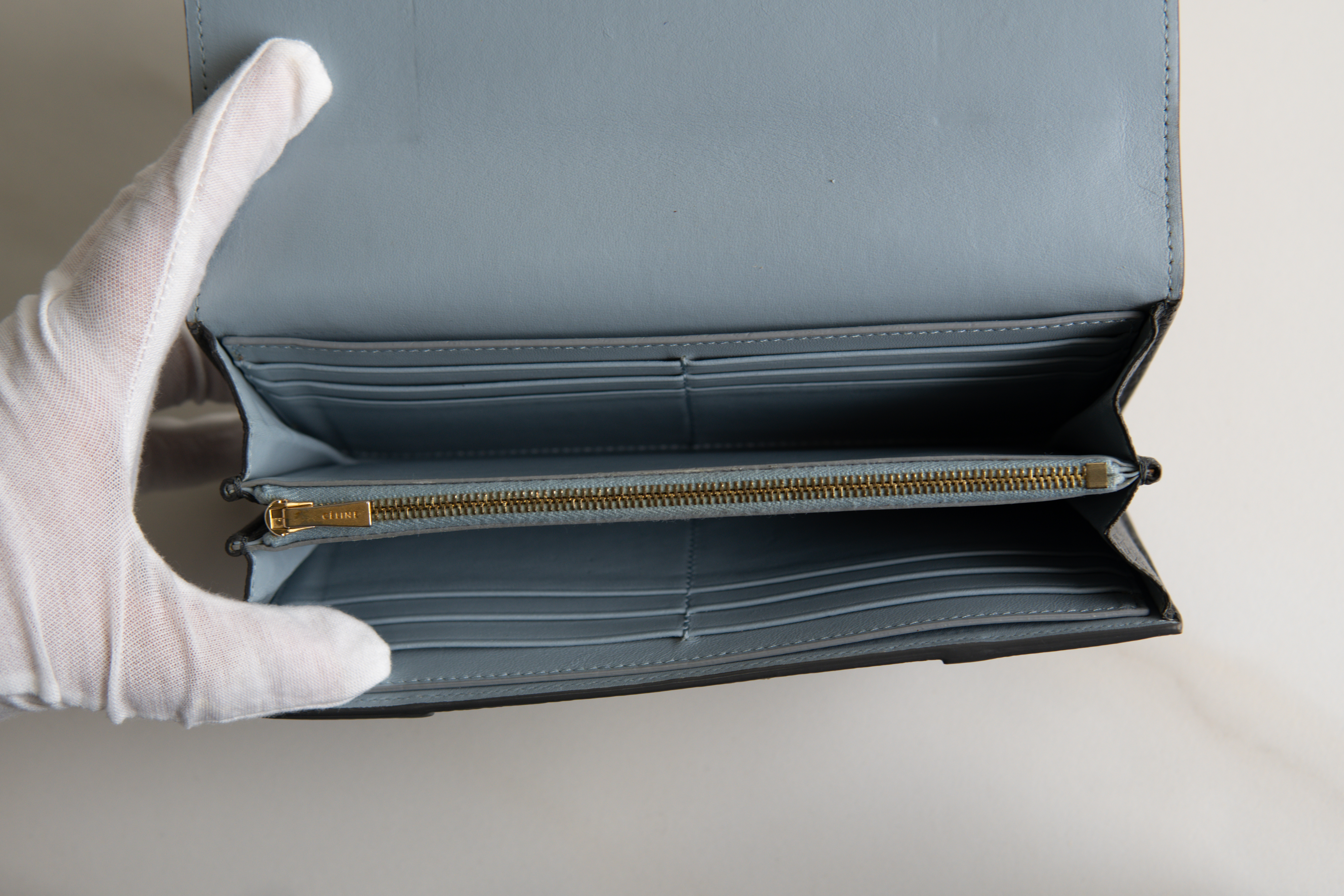 Authentic Celine Long Bifold Wallet Grey/Blue