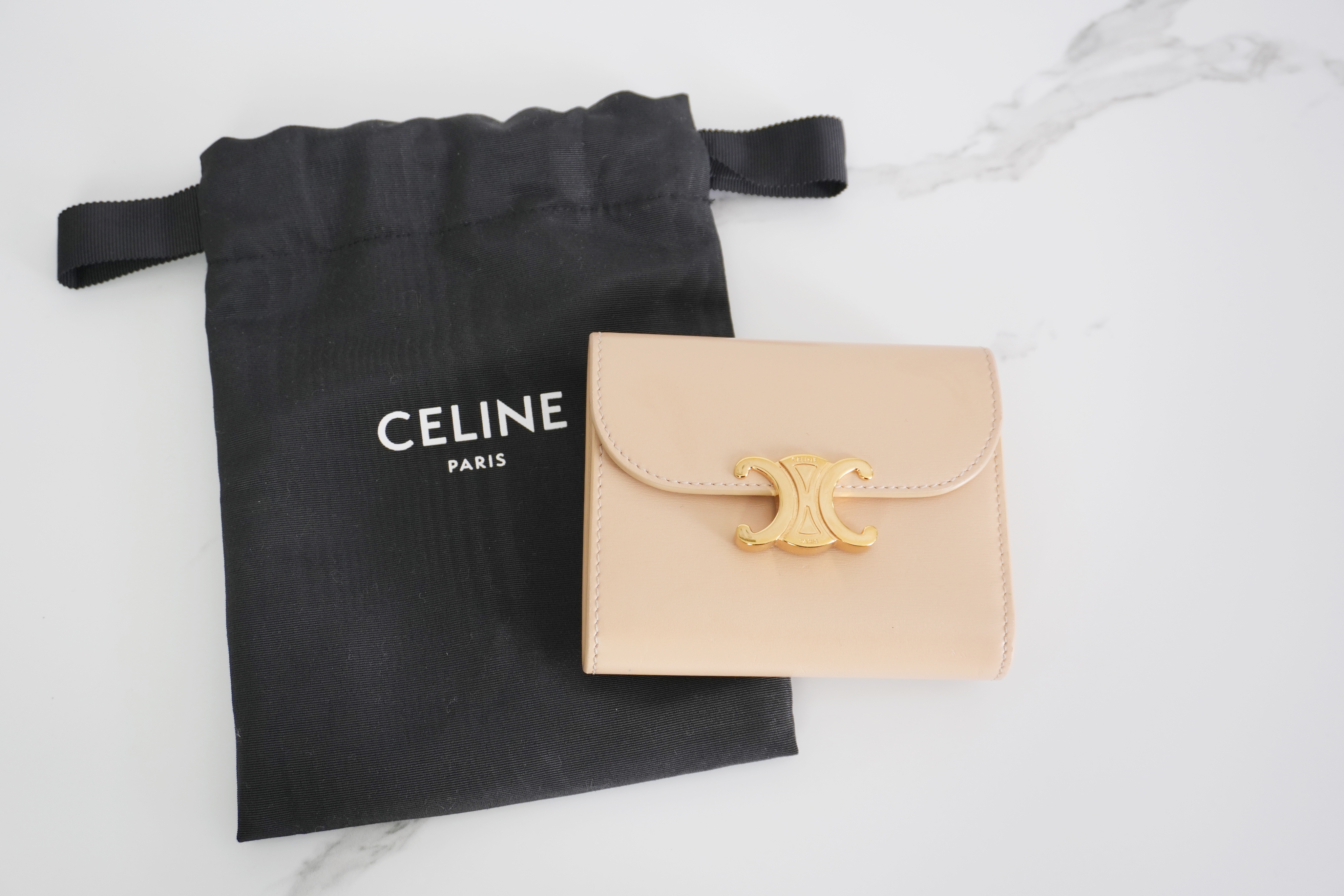 Authentic Celine Triomphe Leather Trifold Wallet Dark Beige