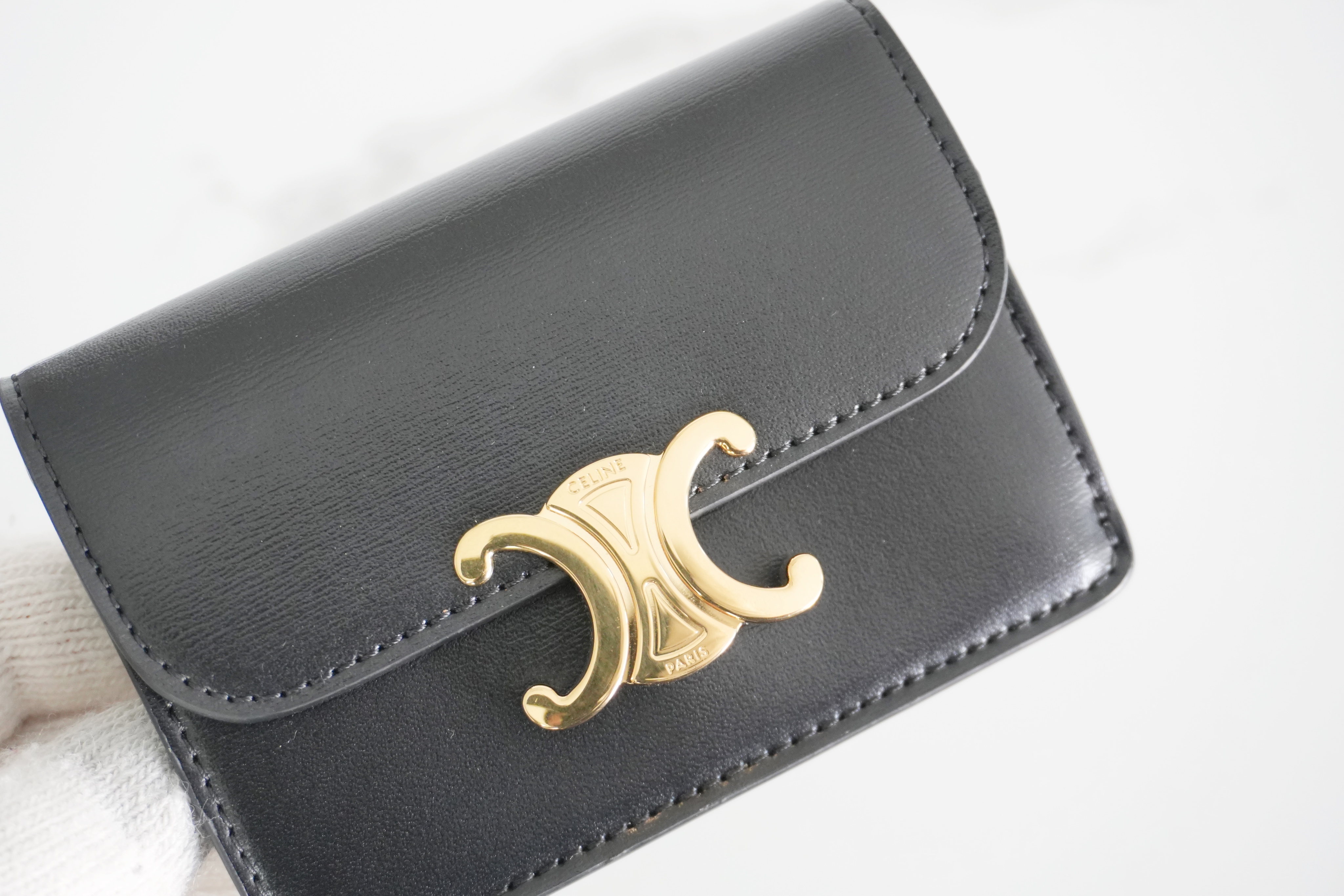 Authentic Celine Card Holder with Flap Triomphe in Shiny Calfskin