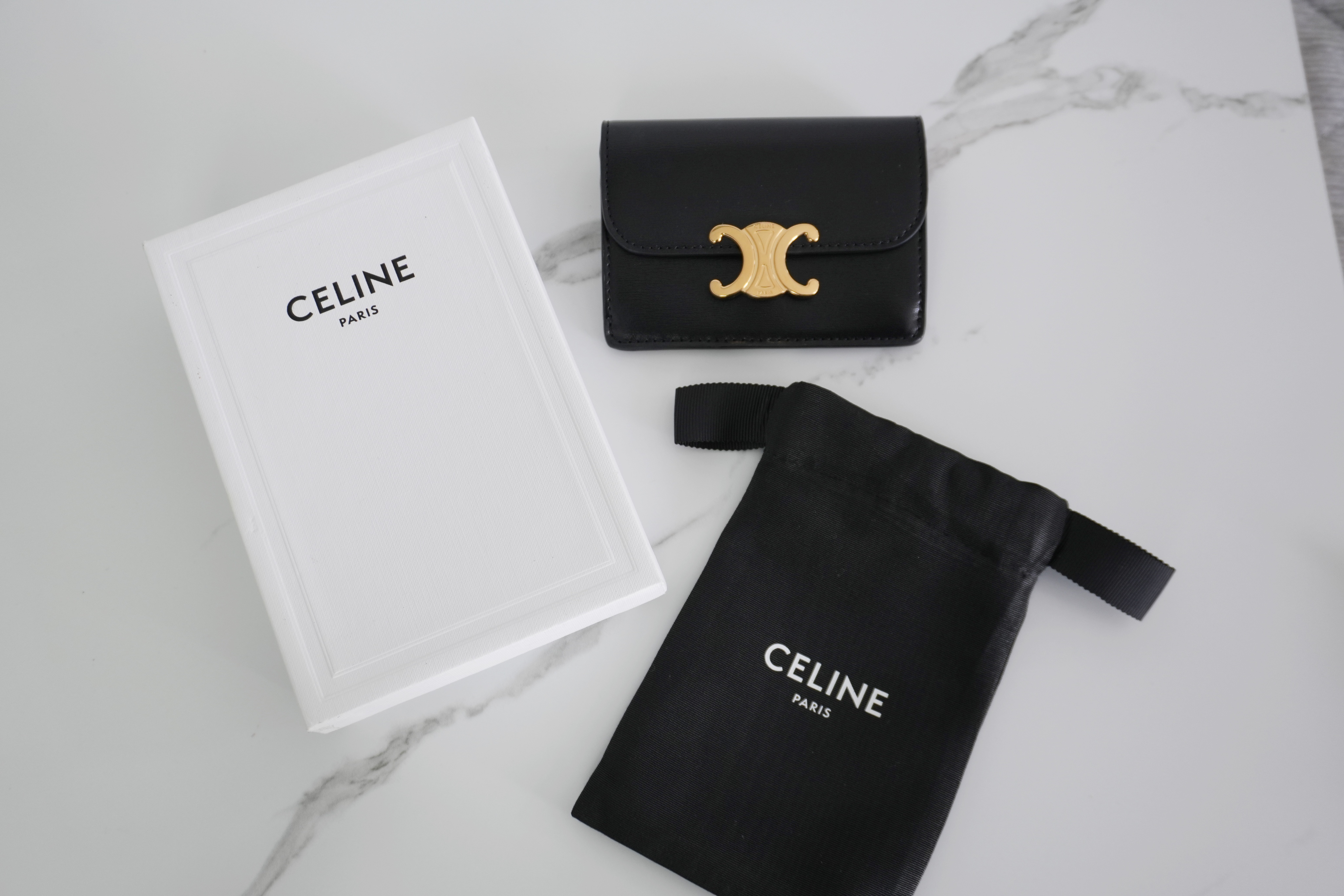 Authentic Celine Card Holder with Flap Triomphe in Shiny Calfskin