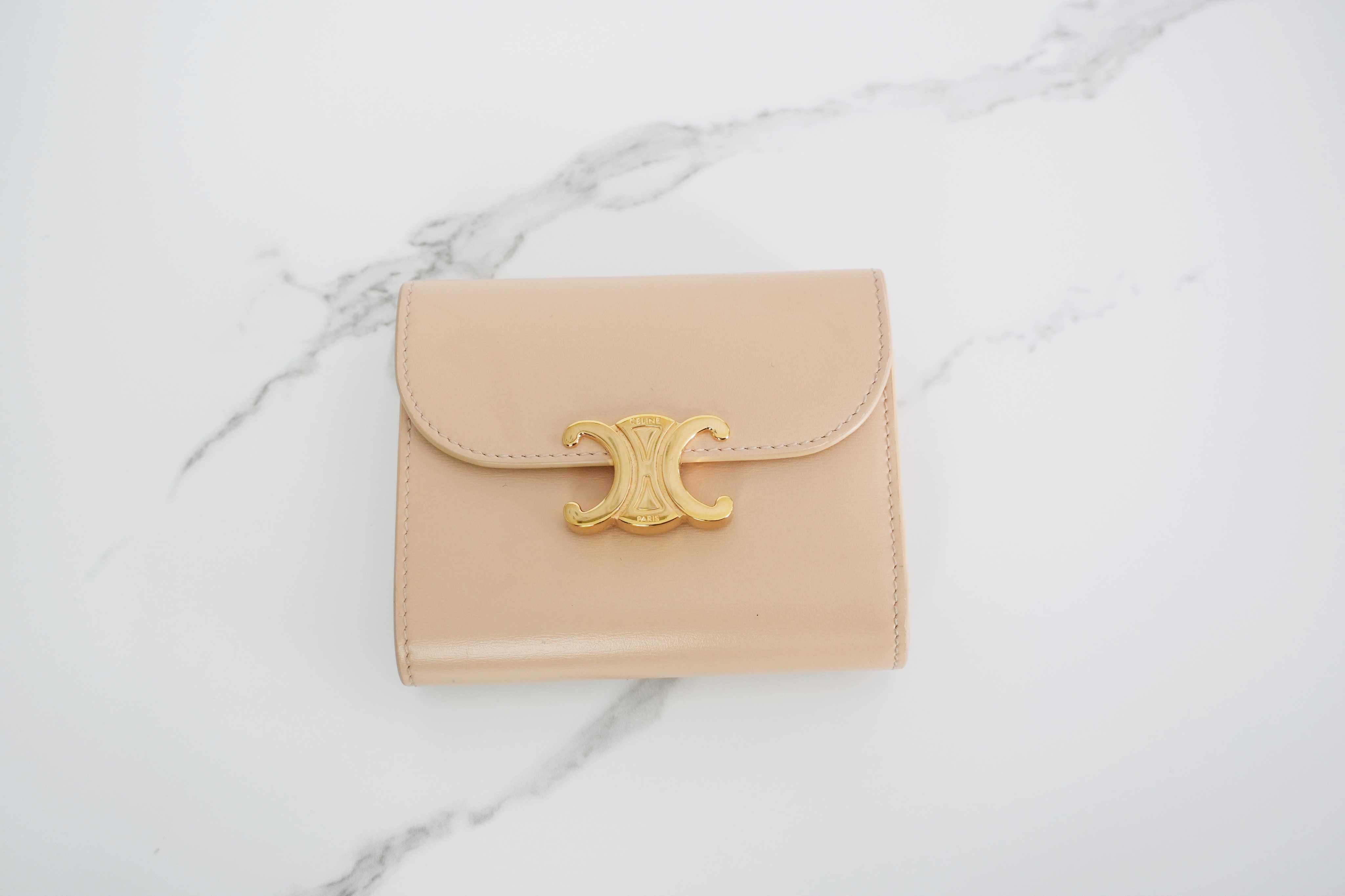 Authentic Celine Triomphe Leather Trifold Wallet Dark Beige