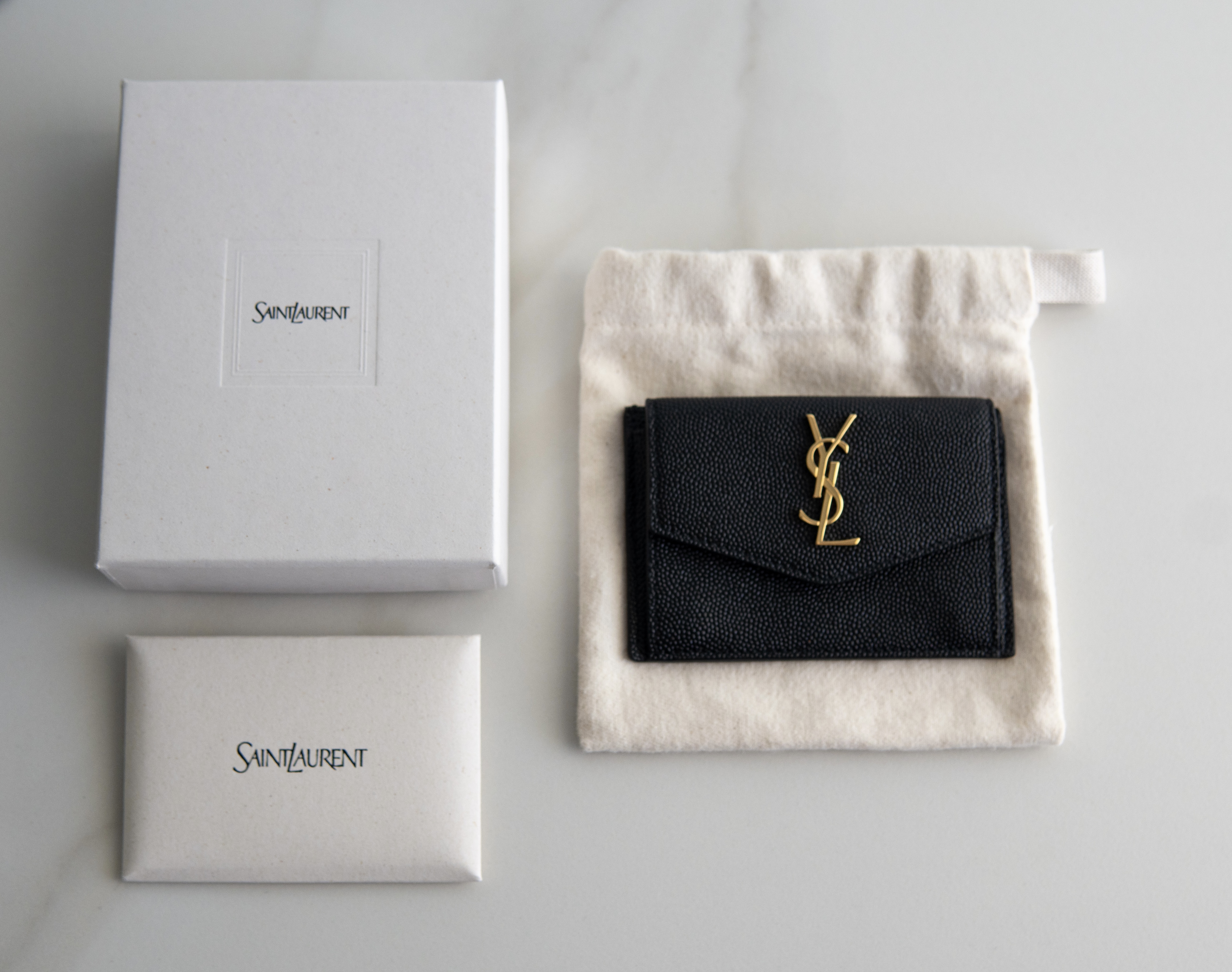 Authentic Yves Saint Laurent Uptown Flap Card Case Black Grained Leather