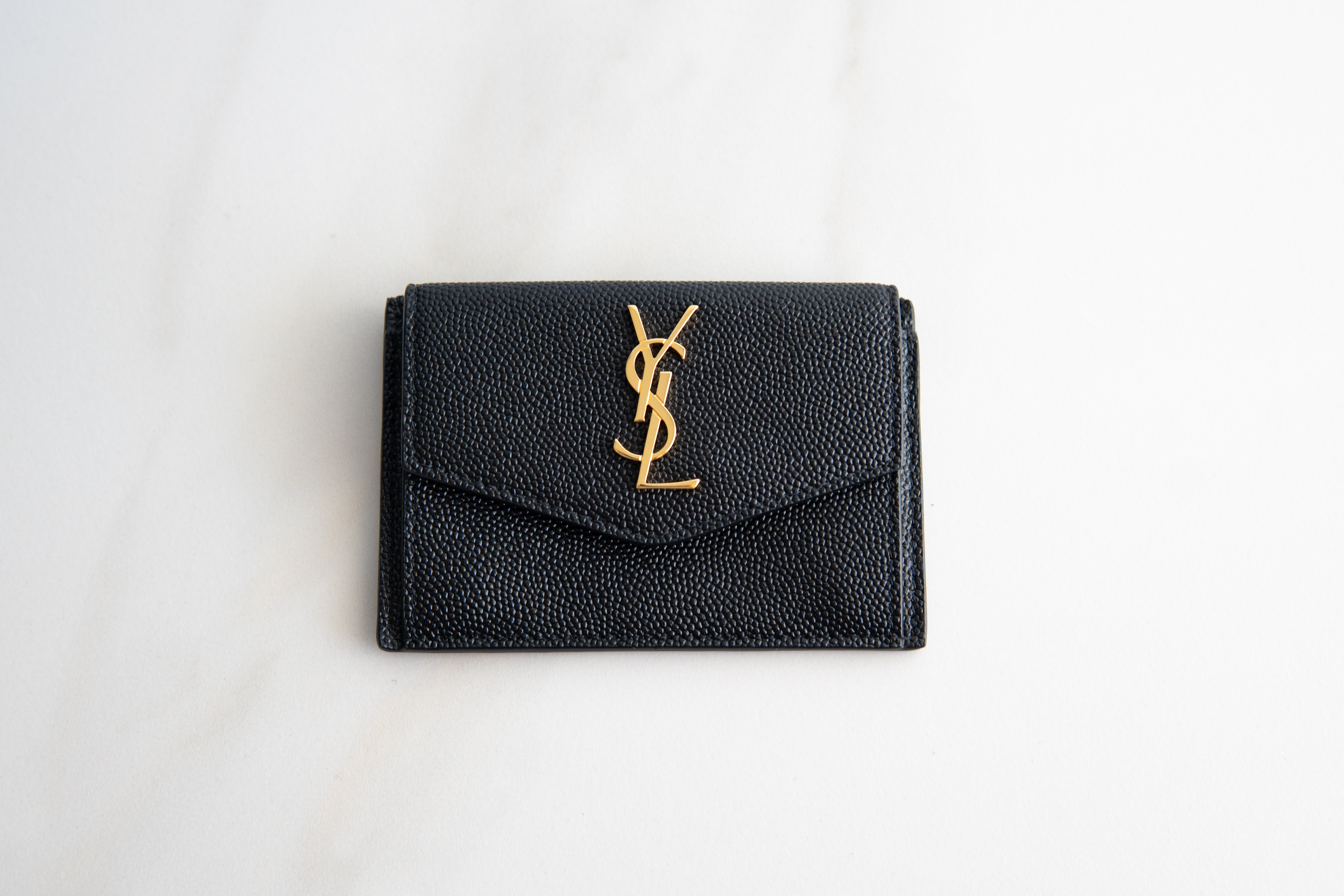 Authentic Yves Saint Laurent Uptown Flap Card Case Black Grained Leather