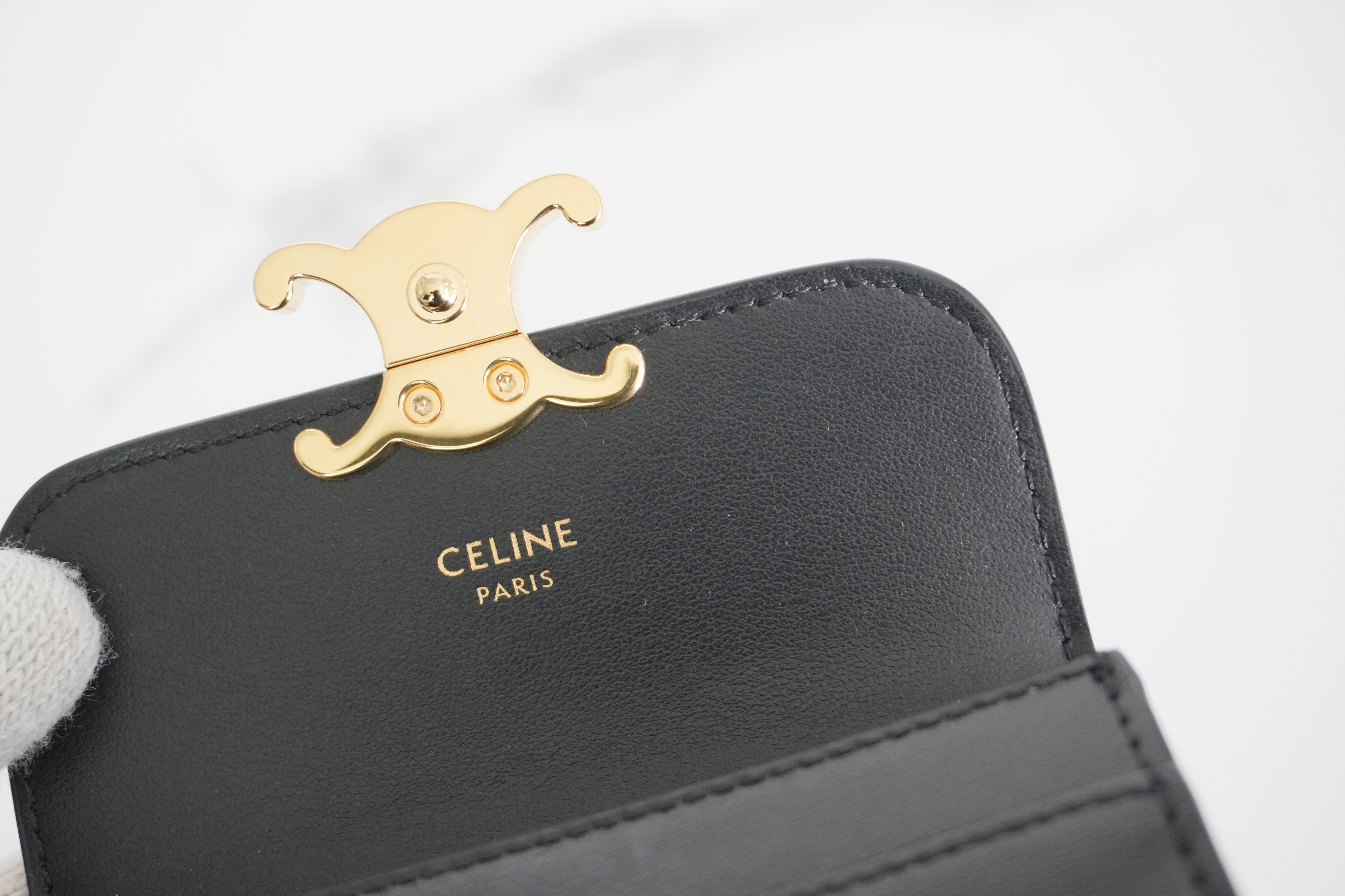 Authentic Celine Card Holder with Flap Triomphe in Shiny Calfskin