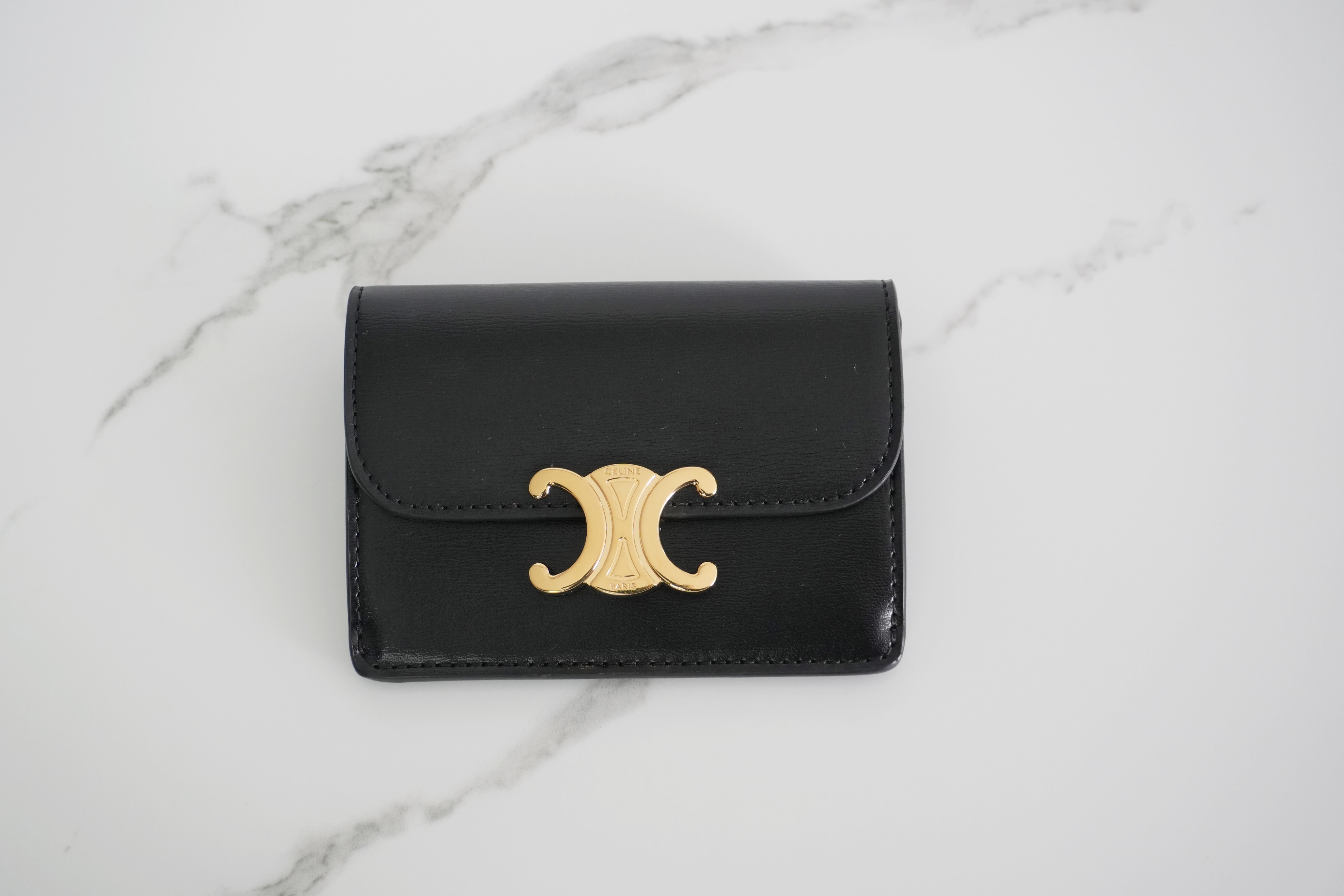 Authentic Celine Card Holder with Flap Triomphe in Shiny Calfskin