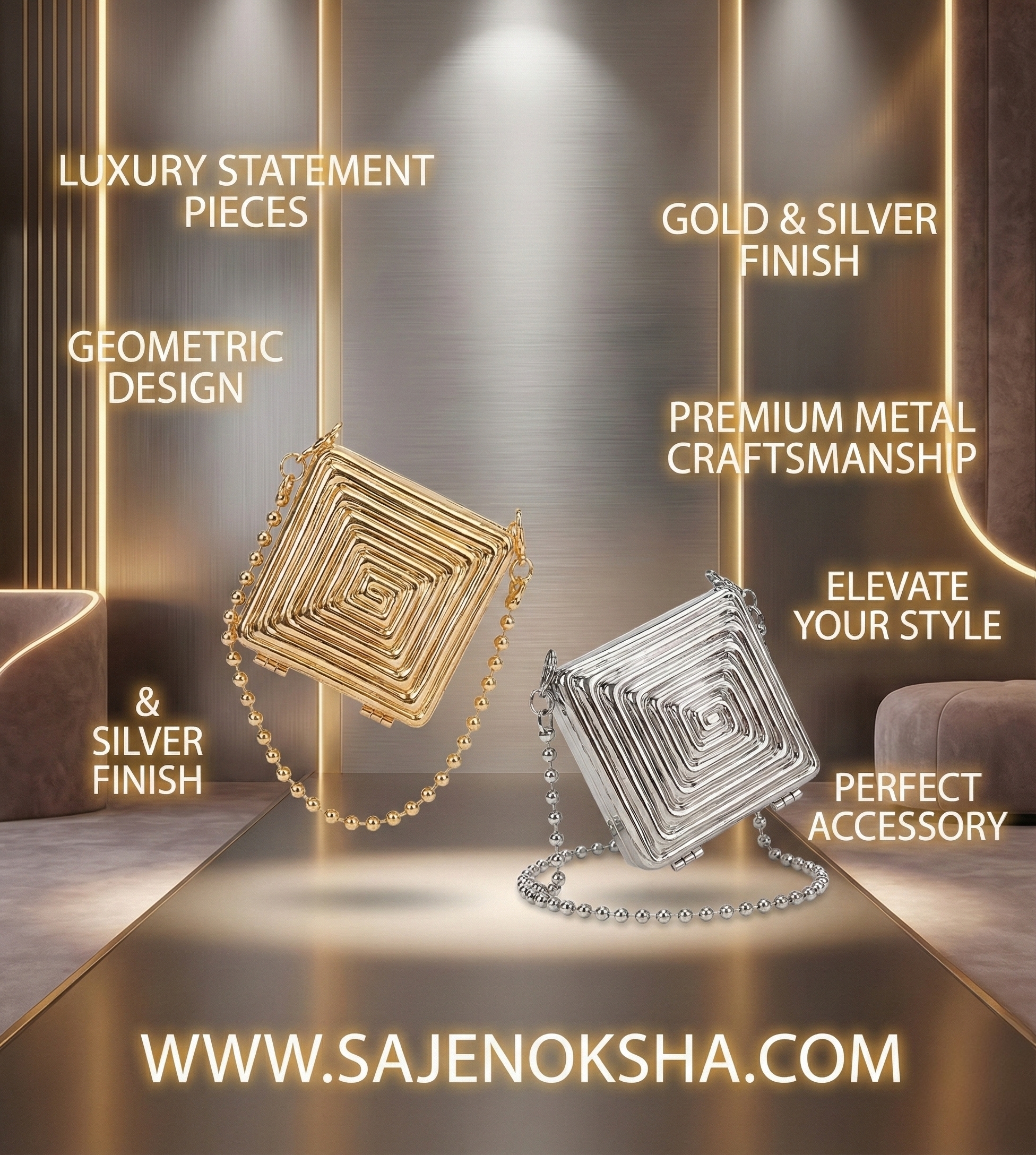 Metal Geometric Purse – Luxury Gold & Silver Statement Bag | Saje Noksha