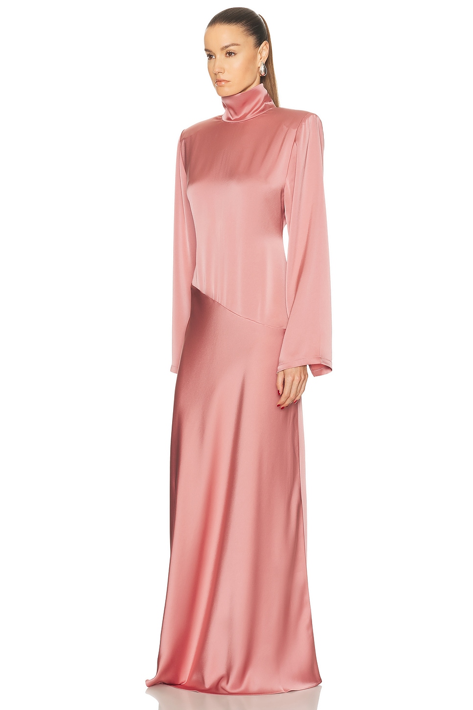 فستان "ماكسي" ستان بياقة مرتفعة ولون وردي مغبر (Dusty Rose)