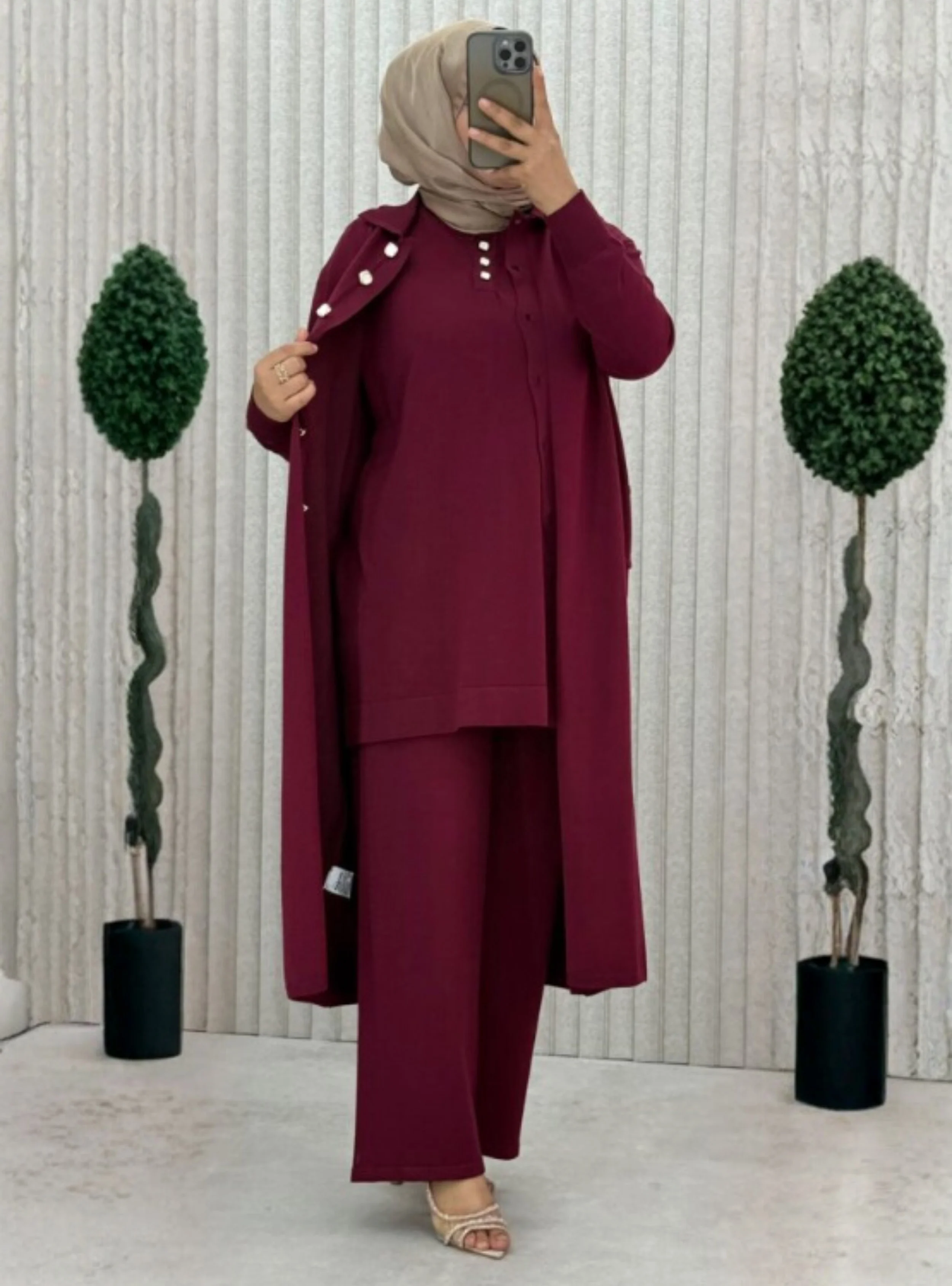 طقم نسائي قطعتين (تونيك وبنطلون) بلون مارون ملكي