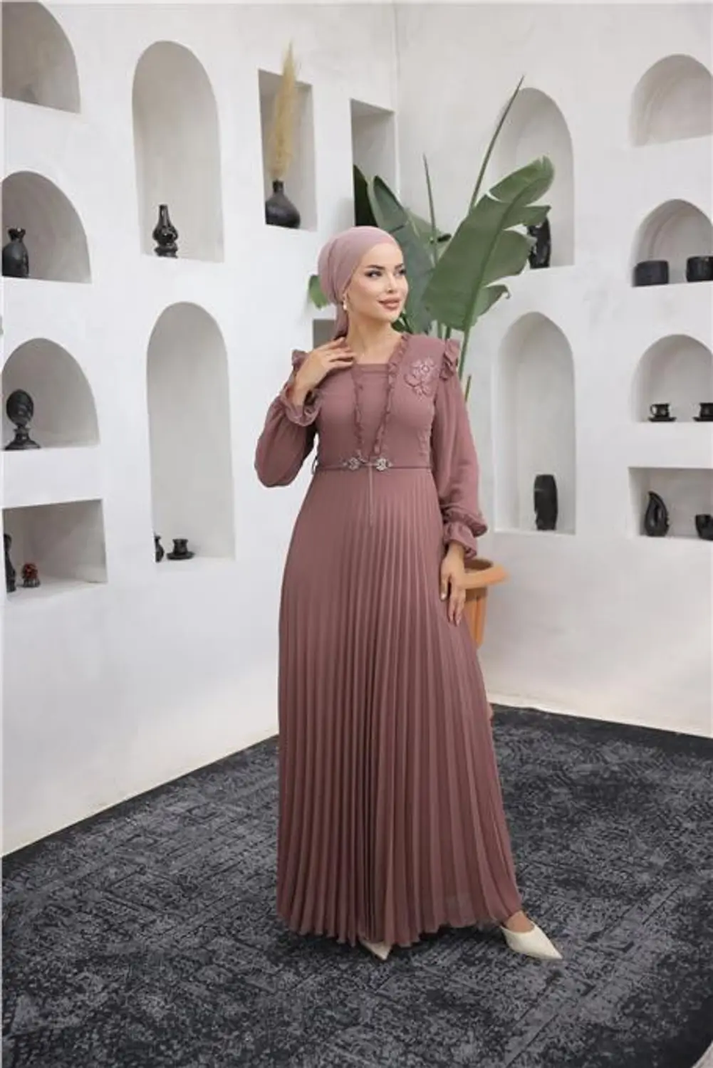 فستان سهرة شيفون بليسيه ناعم - لون موف (وردي داكن)