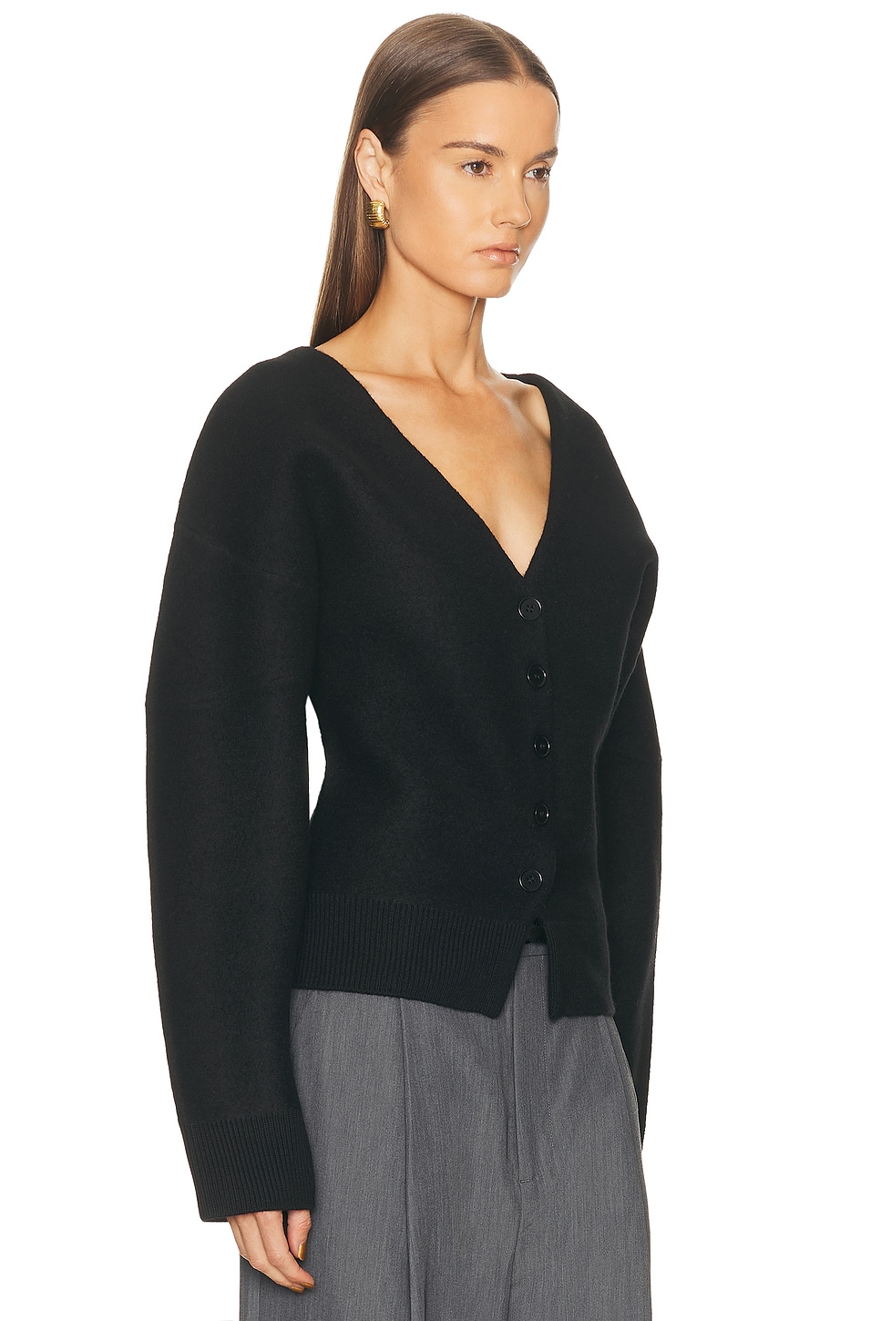 كارديجان صوف بفتحة رقبة V وأكمام واسعة - أسود